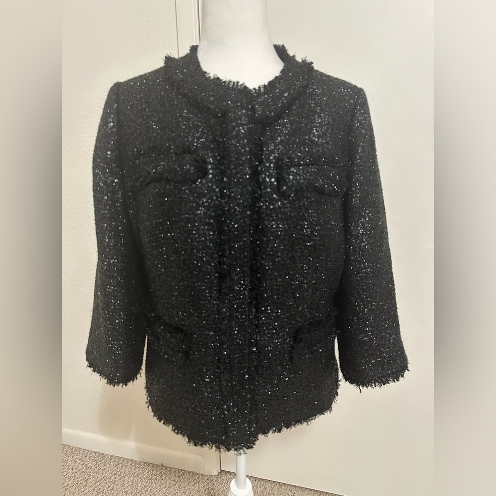 Chico's Women Black Tweed Sequin Blazer/Jacket with Fringe size 1 or small - Picture 2 of 7